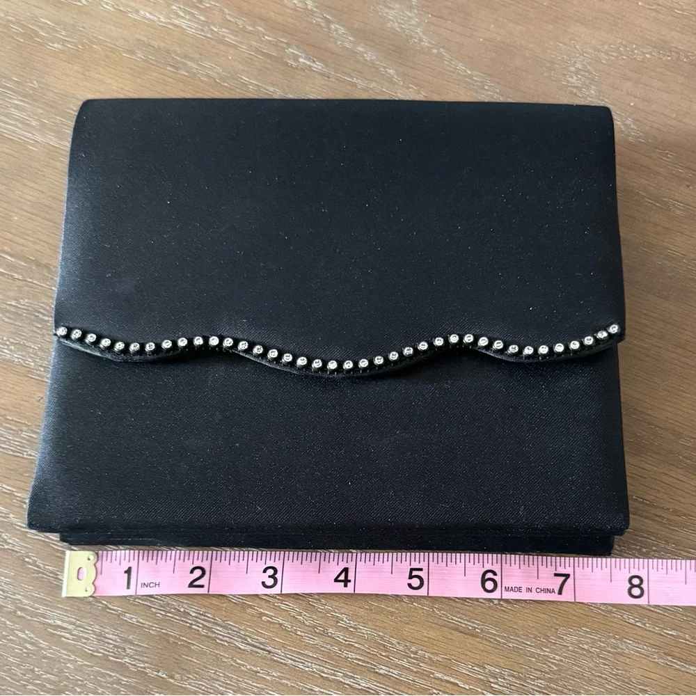 Black satin evening clutch or crossbody scalloped flap rhinestone trim 7.5”